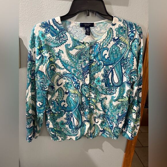 Chaps Paisley Button Down Cardigan Sweater Women's Large White Blue Green - Picture 3 of 7